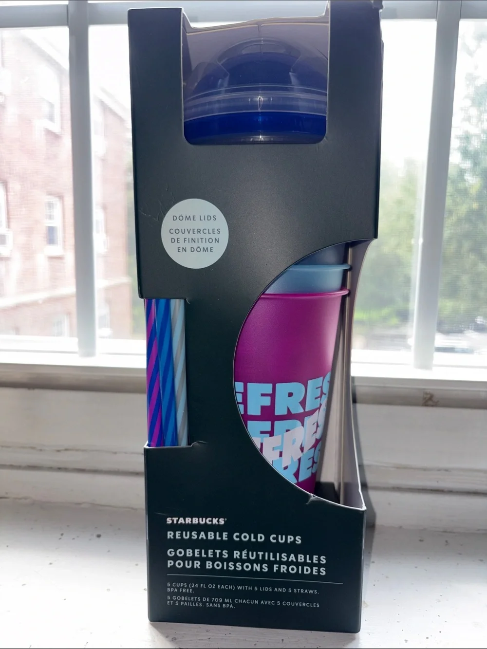 24oz Starbucks Pink and Blue Reusable DOME Cold Cup Set with Straws